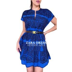 Zara Womens NWT Embroidered Short Dress Tunic Cobalt Blue XL Bloggers Fave BOHO
